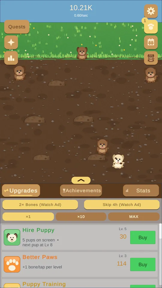 Puppy Mining Co early game — puppies digging in the backyard