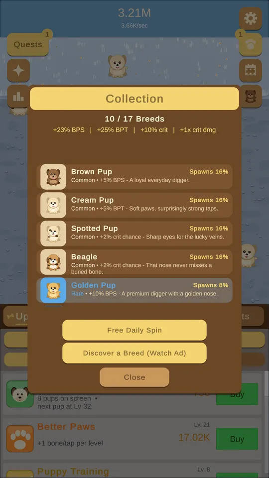 The puppy breed collection screen