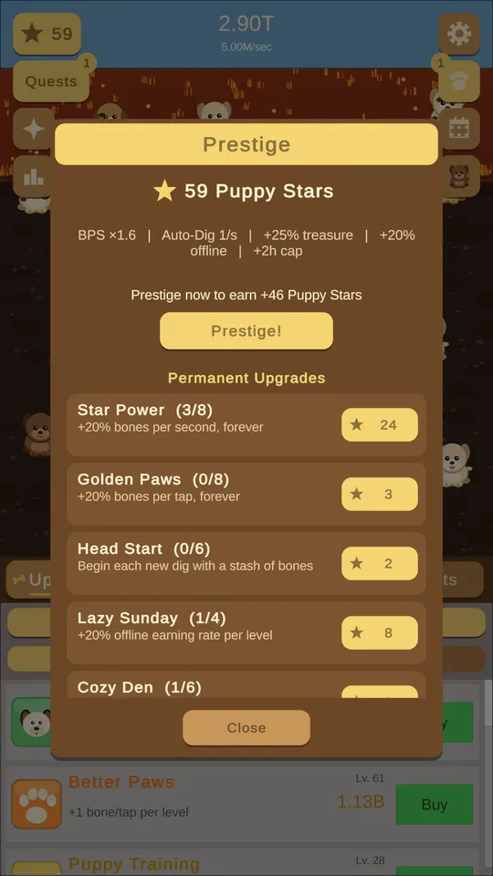 The prestige screen — retire your crew for Puppy Stars