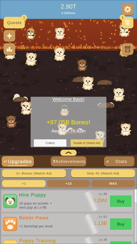 Welcome-back screen showing offline earnings