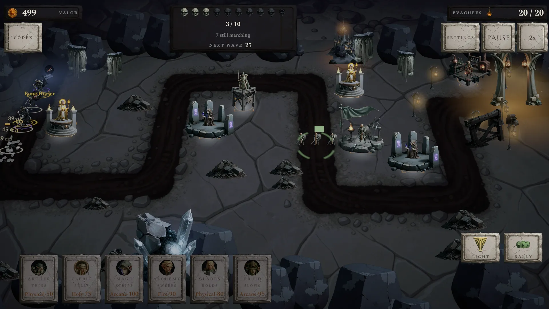 The Mineworks stand, with enemies advancing through a rocky underground board