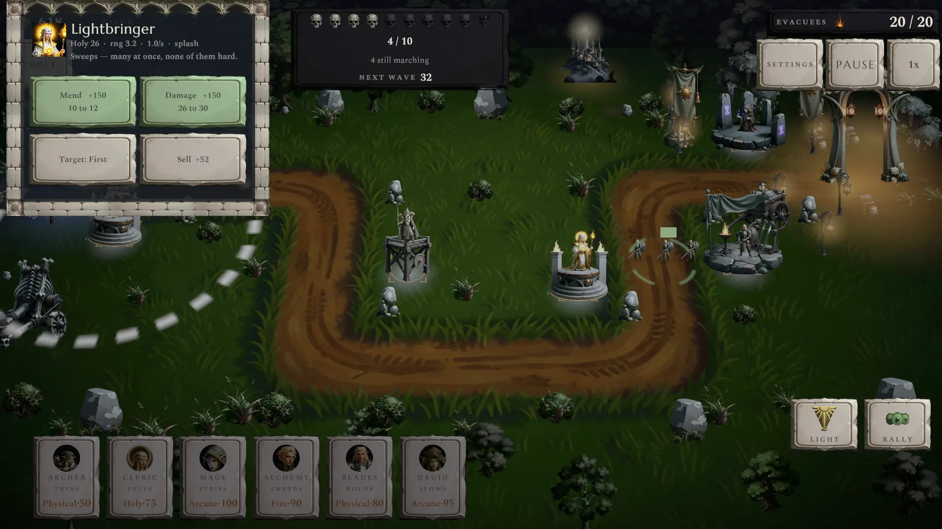 The Lightbringer upgrade panel open on a placed tower, showing its stat line and two upgrade paths