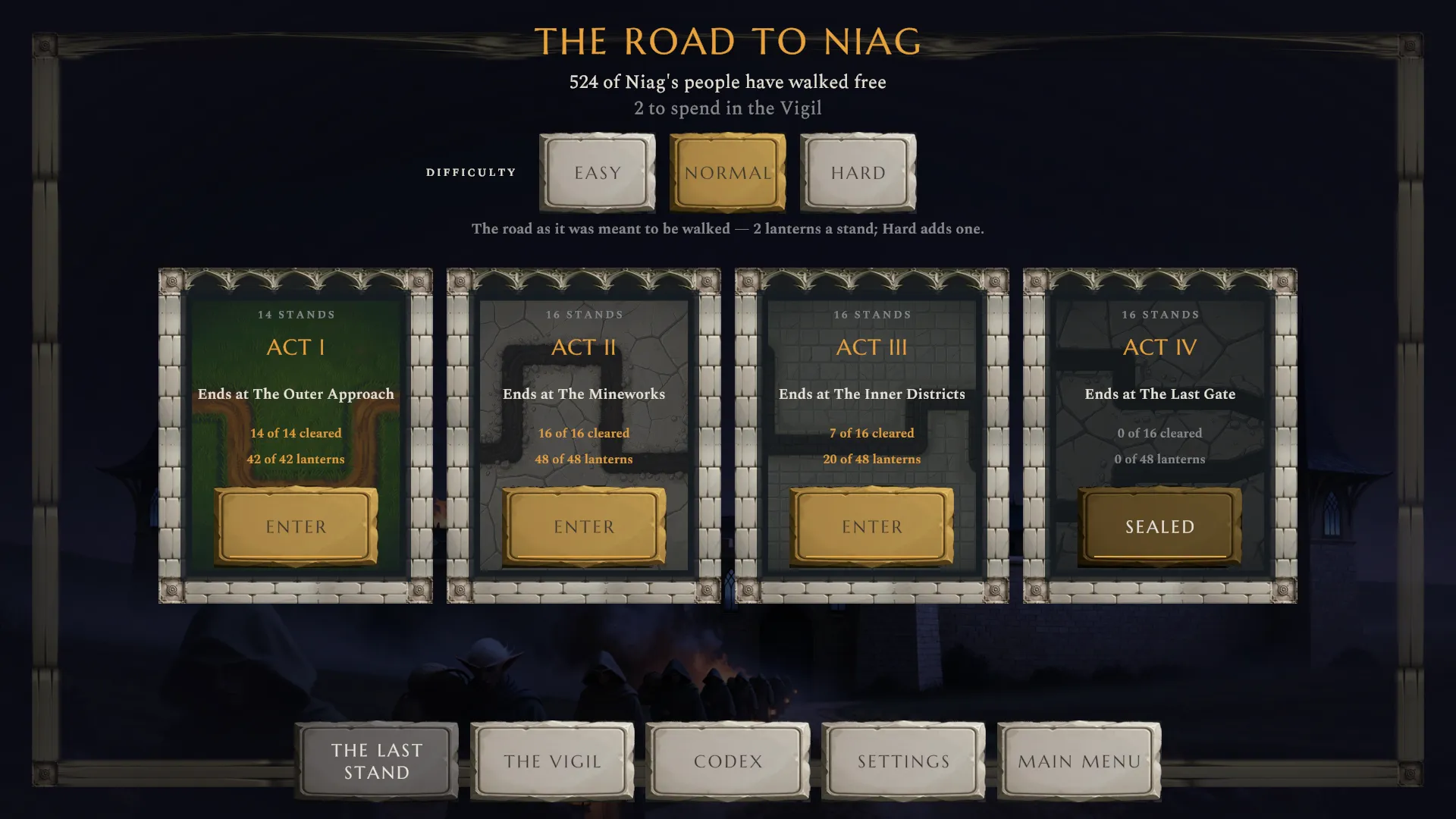 The campaign map showing four acts, with earlier acts complete and later ones still sealed