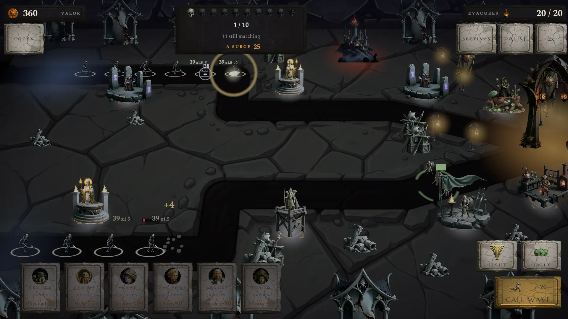 The Last Gate stand with a surge banner showing and a smite landing among the attackers