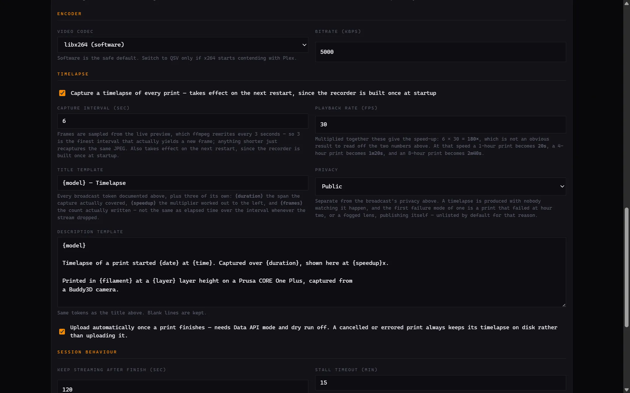 The settings page, showing encoder, timelapse and session-behaviour options